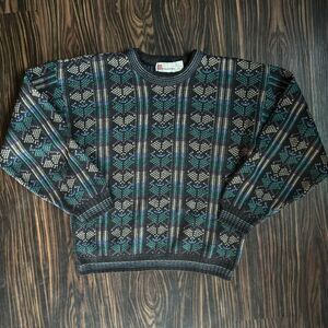 Vintage 90s Palermo Men's Black Blue Green Patterned Sweater Size Adult Medium